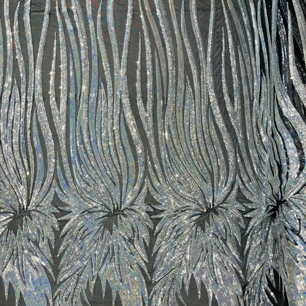 Feather Design Iridescent - SILVER/BLACK - Luxury Shiny Sequin - 4 Way Stretch Mesh Fabric – Prom & Evening Dress Material By The Yard.