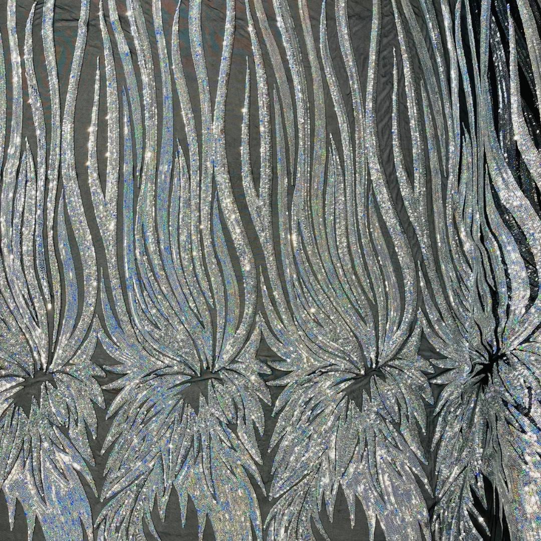 Feather Design Iridescent - SILVER/BLACK - Luxury Shiny Sequin - 4 Way Stretch Mesh Fabric – Prom & Evening Dress Material By The Yard.
