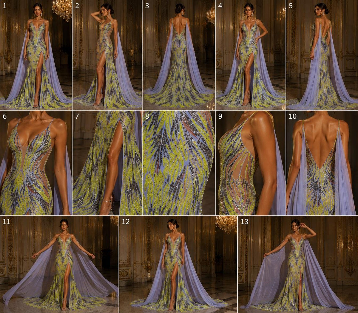 Feather Design Iridescent - YELLOW/GOLD - Luxury Shiny Sequin - 4 Way Stretch Mesh Fabric – Prom & Evening Dress Material By The Yard.