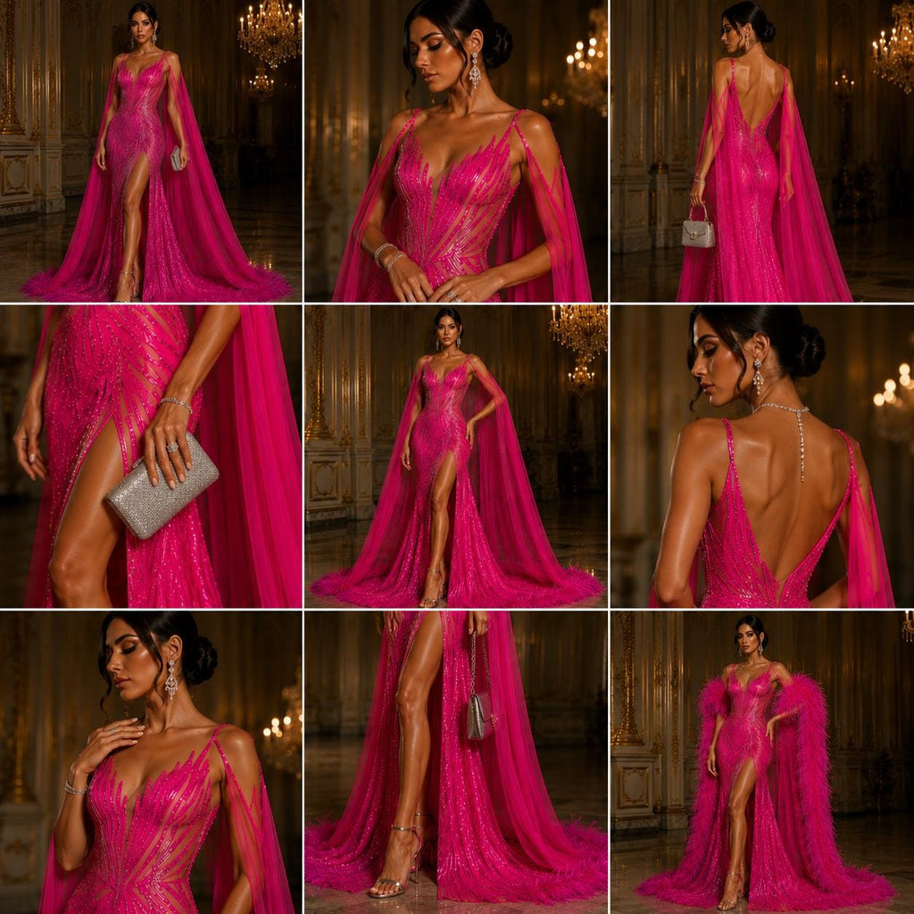 Feather Design Iridescent - HOT PINK - Luxury Shiny Sequin - 4 Way Stretch Mesh Fabric – Prom & Evening Dress Material By The Yard.