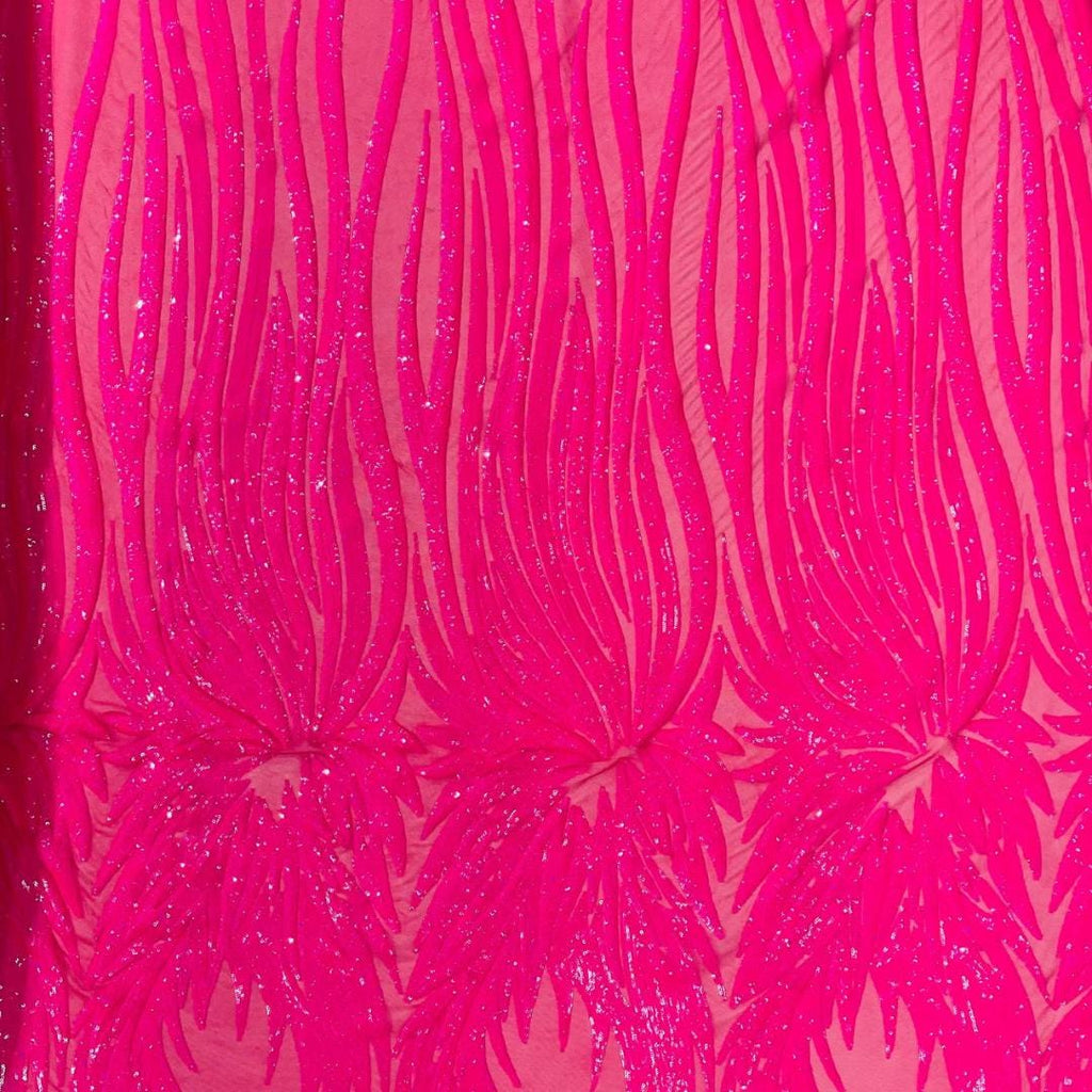 Feather Design Iridescent - HOT PINK - Luxury Shiny Sequin - 4 Way Stretch Mesh Fabric – Prom & Evening Dress Material By The Yard.