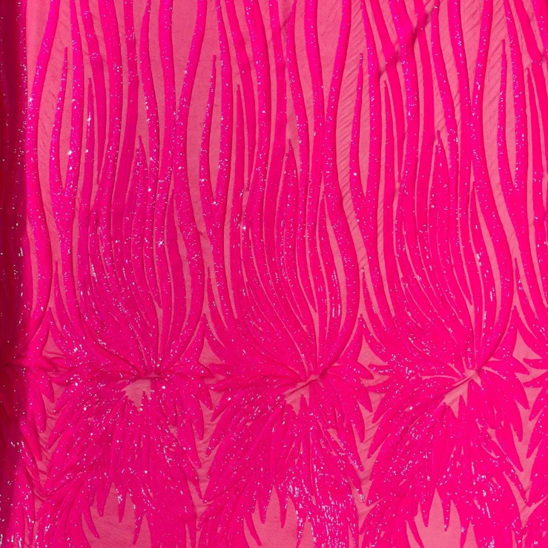 Feather Design Iridescent - HOT PINK - Luxury Shiny Sequin - 4 Way Stretch Mesh Fabric – Prom & Evening Dress Material By The Yard.