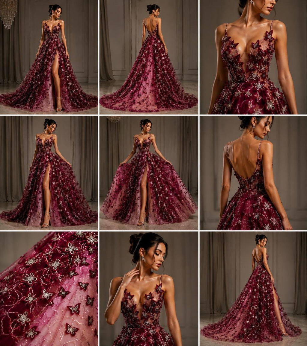 3D Butterfly Lace - BURGUNDY -  3D Butterfly Design Embroider Beaded Fabric For Quinsiañera Dresses - Prom Dress Sold By Yard