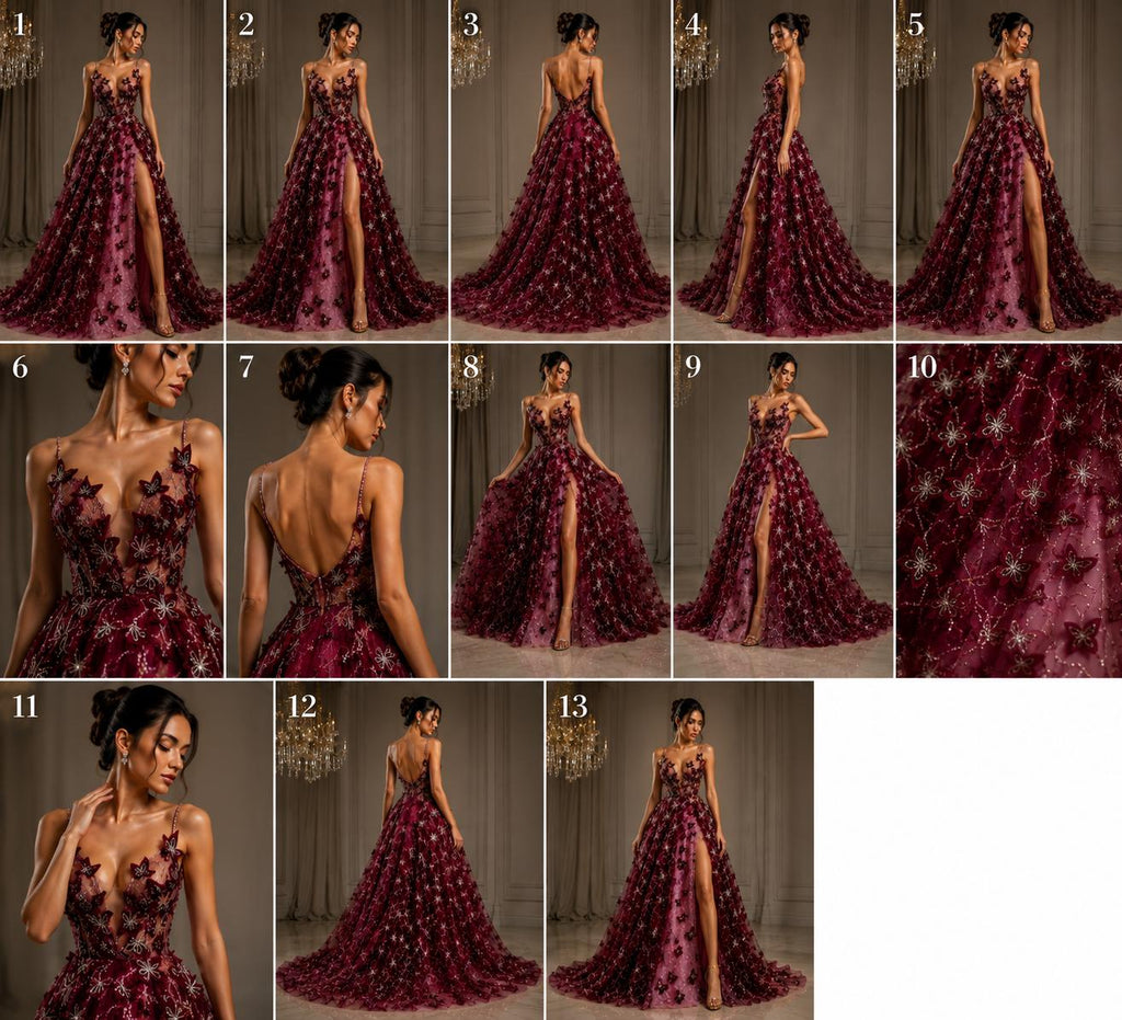 3D Butterfly Lace - BURGUNDY -  3D Butterfly Design Embroider Beaded Fabric For Quinsiañera Dresses - Prom Dress Sold By Yard