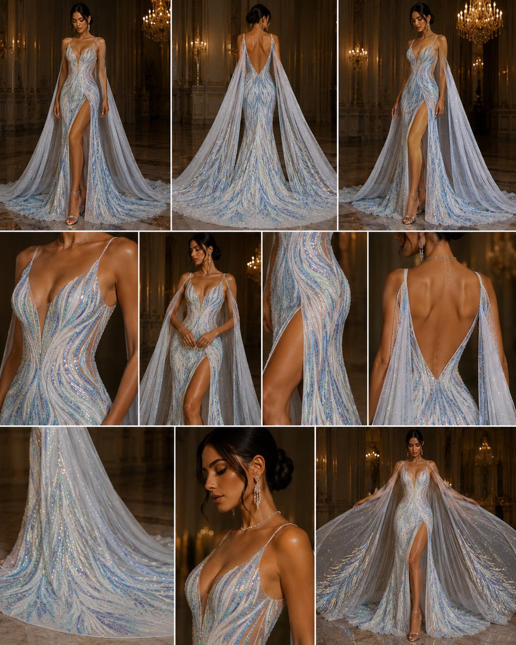 Feather Design Iridescent - AQUA BLUE - Luxury Shiny Sequin - 4 Way Stretch Mesh Fabric – Prom & Evening Dress Material By The Yard.