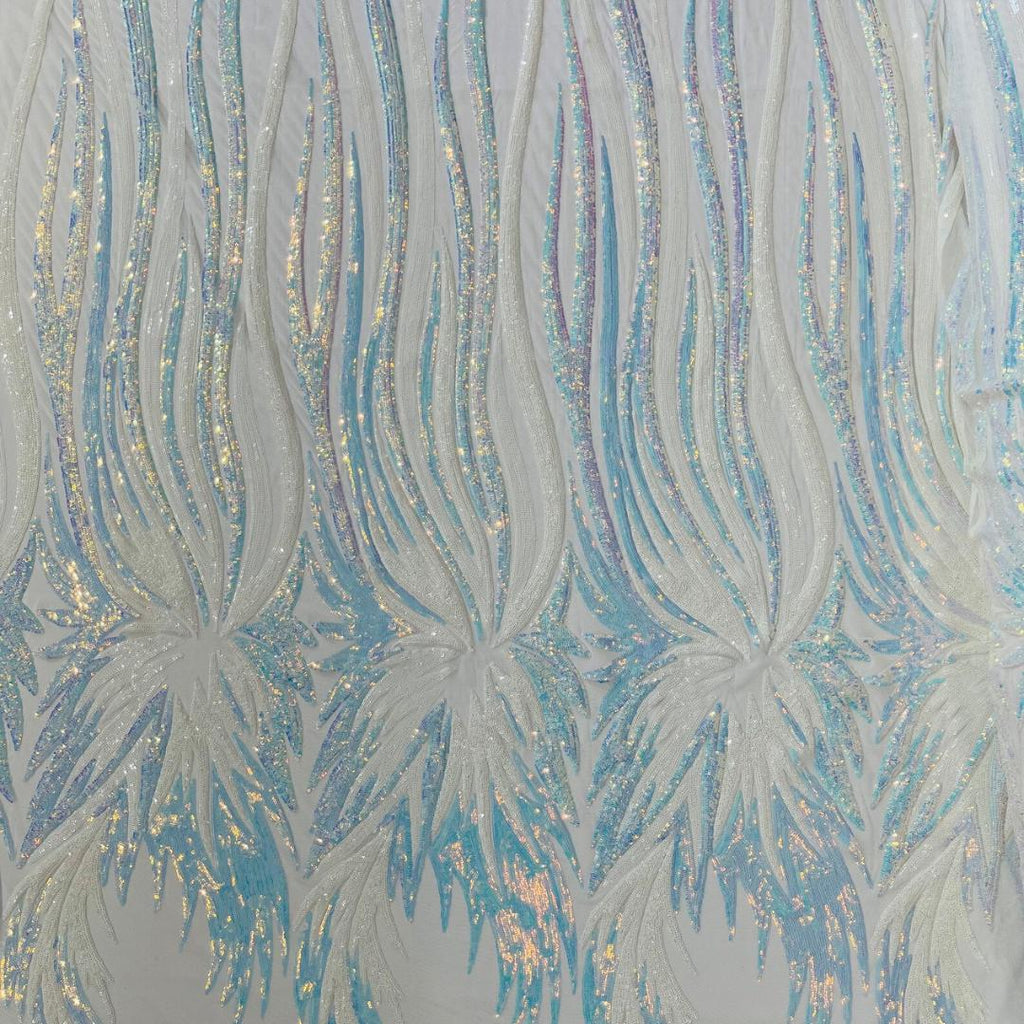 Feather Design Iridescent - AQUA BLUE - Luxury Shiny Sequin - 4 Way Stretch Mesh Fabric – Prom & Evening Dress Material By The Yard.