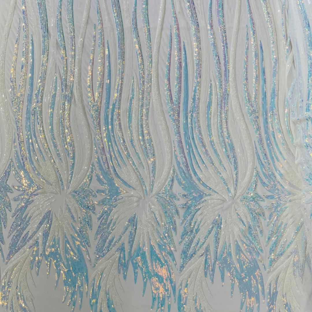 Feather Design Iridescent - AQUA BLUE - Luxury Shiny Sequin - 4 Way Stretch Mesh Fabric – Prom & Evening Dress Material By The Yard.