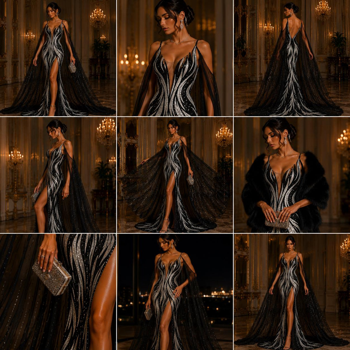 Feather Design Iridescent - BLACK/SILVER - Luxury Shiny Sequin - 4 Way Stretch Mesh Fabric – Prom & Evening Dress Material By The Yard.