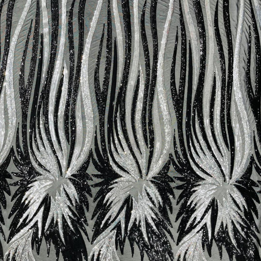 Feather Design Iridescent - BLACK/SILVER - Luxury Shiny Sequin - 4 Way Stretch Mesh Fabric – Prom & Evening Dress Material By The Yard.
