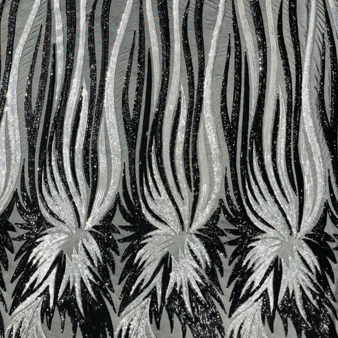 Feather Design Iridescent - BLACK/SILVER - Luxury Shiny Sequin - 4 Way Stretch Mesh Fabric – Prom & Evening Dress Material By The Yard.