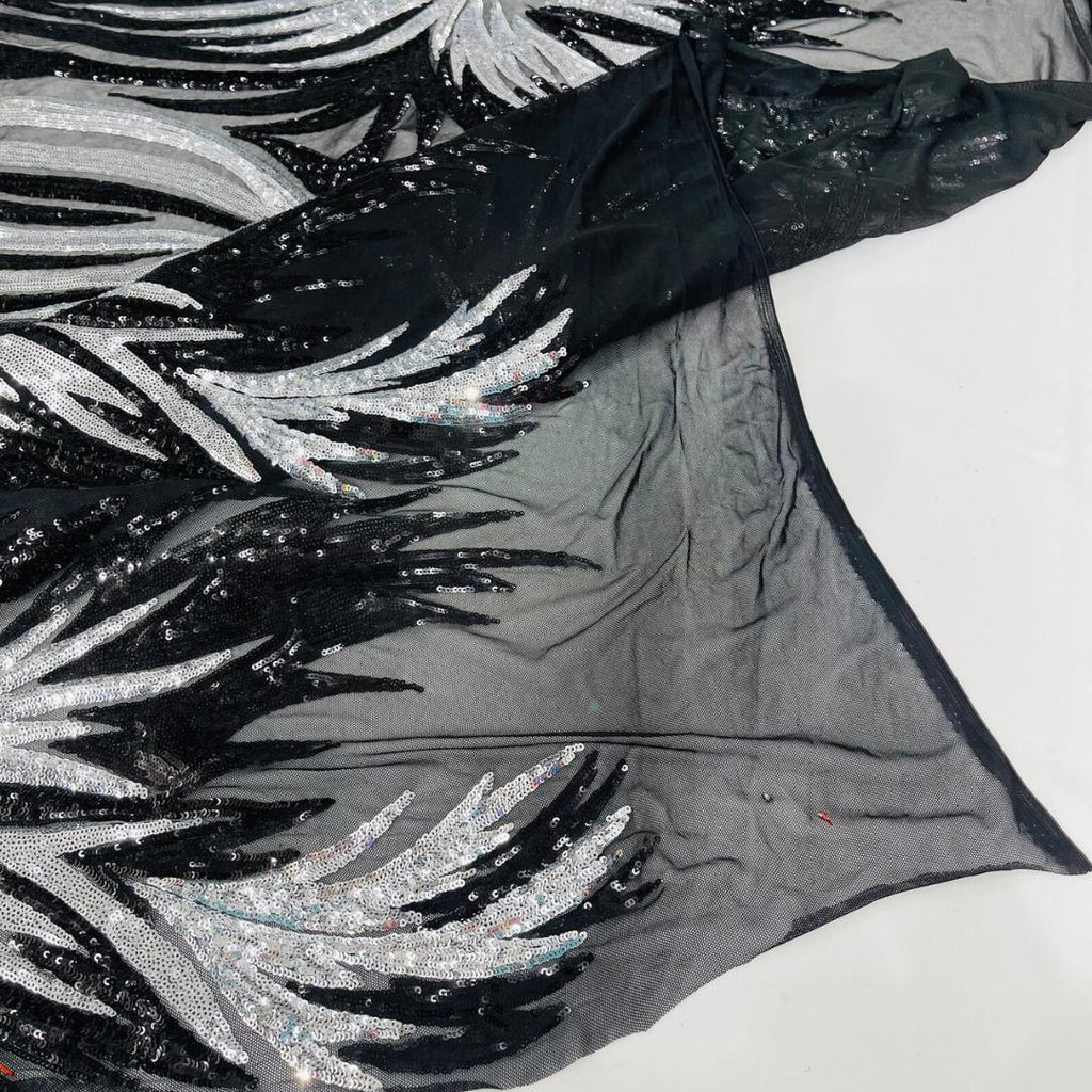 Feather Design Iridescent - BLACK/SILVER - Luxury Shiny Sequin - 4 Way Stretch Mesh Fabric – Prom & Evening Dress Material By The Yard.