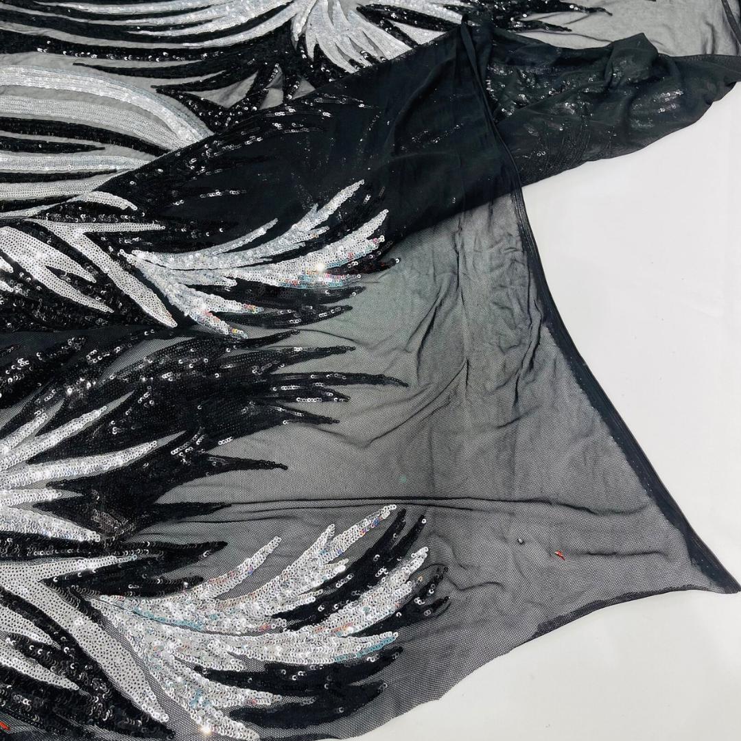 Feather Design Iridescent - BLACK/SILVER - Luxury Shiny Sequin - 4 Way Stretch Mesh Fabric – Prom & Evening Dress Material By The Yard.