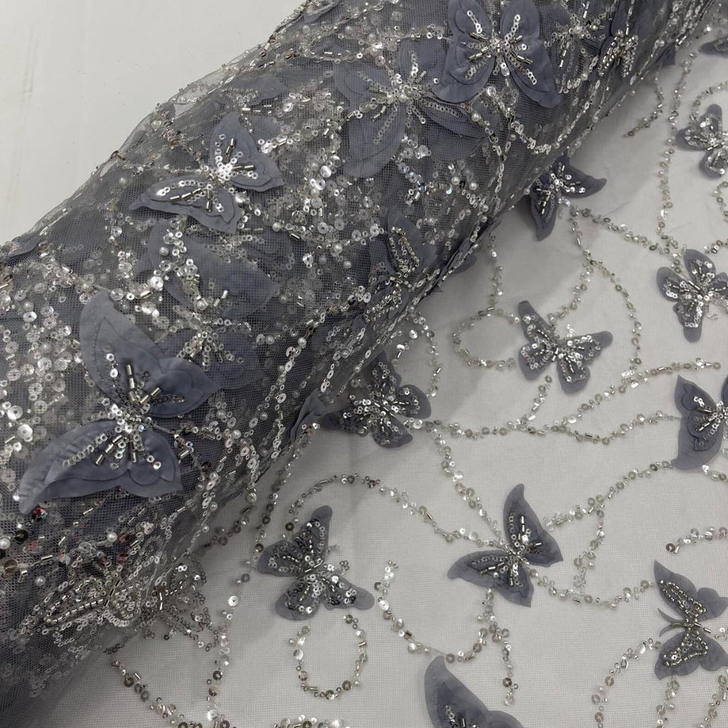 3D Butterfly Lace - SILVER -  3D Butterfly Design Embroider Beaded Fabric For Quinsiañera Dresses - Prom Dress Sold By Yard