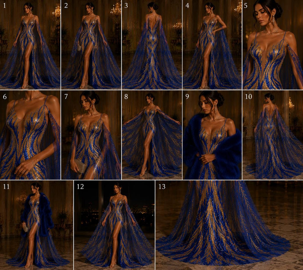 Feather Design Iridescent - ROYAL/GOLD - Luxury Shiny Sequin - 4 Way Stretch Mesh Fabric – Prom & Evening Dress Material By The Yard.