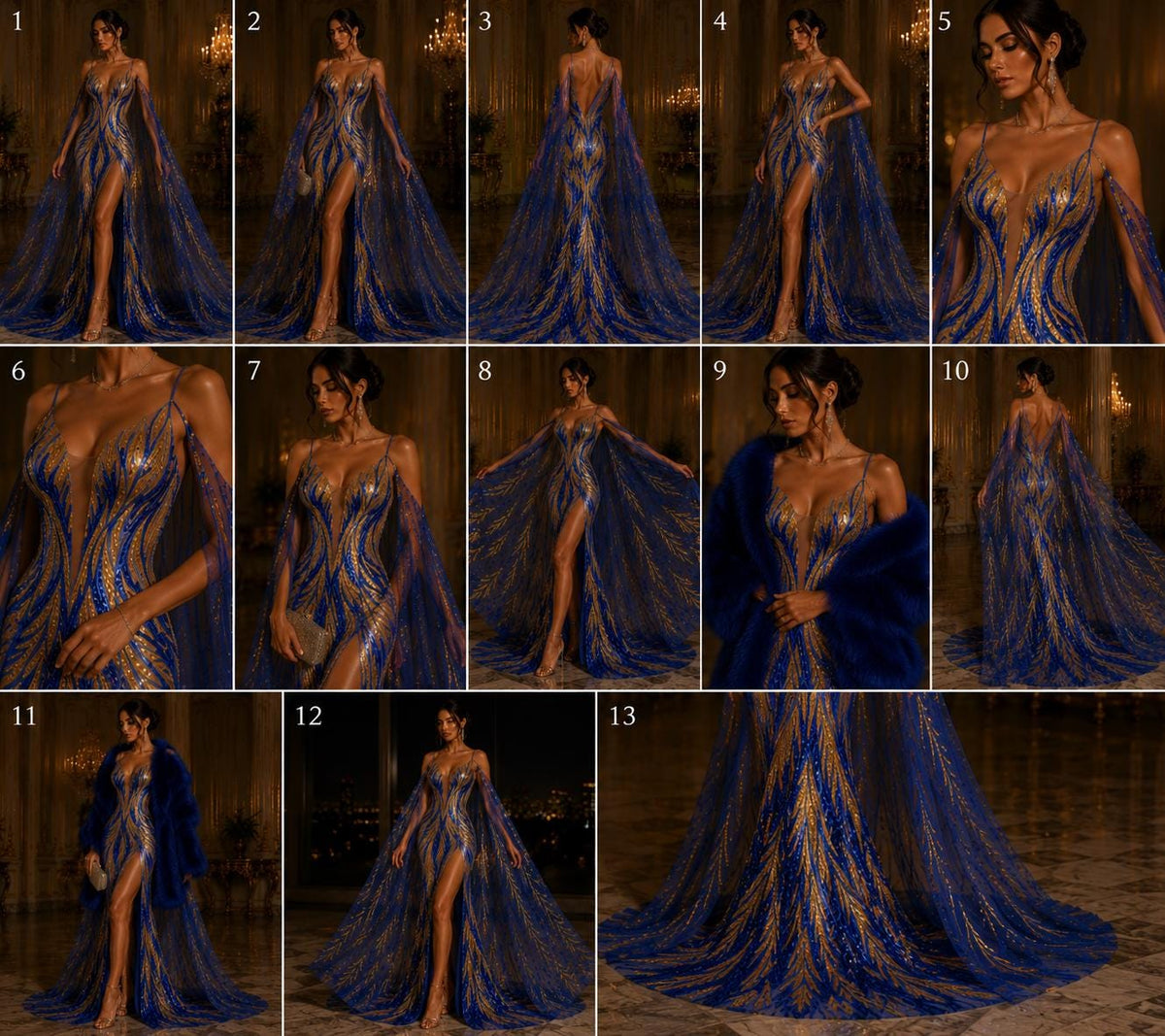 Feather Design Iridescent - ROYAL/GOLD - Luxury Shiny Sequin - 4 Way Stretch Mesh Fabric – Prom & Evening Dress Material By The Yard.