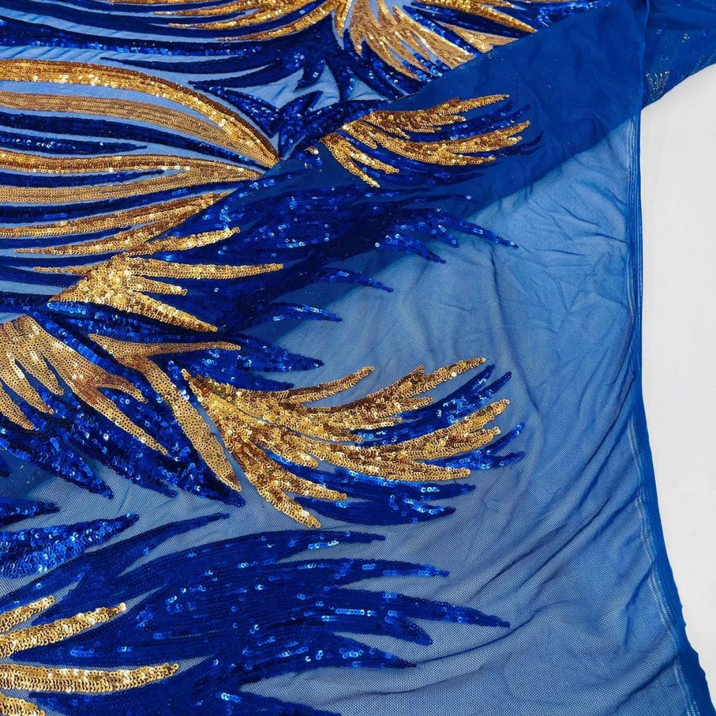 Feather Design Iridescent - ROYAL/GOLD - Luxury Shiny Sequin - 4 Way Stretch Mesh Fabric – Prom & Evening Dress Material By The Yard.