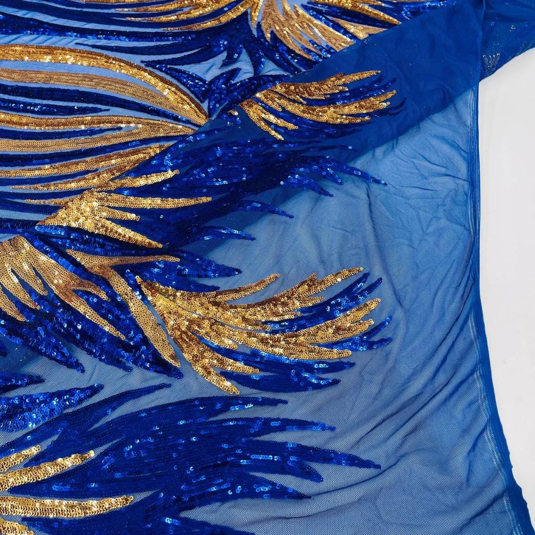 Feather Design Iridescent - ROYAL/GOLD - Luxury Shiny Sequin - 4 Way Stretch Mesh Fabric – Prom & Evening Dress Material By The Yard.