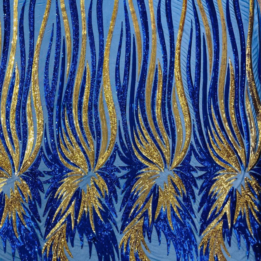 Feather Design Iridescent - ROYAL/GOLD - Luxury Shiny Sequin - 4 Way Stretch Mesh Fabric – Prom & Evening Dress Material By The Yard.