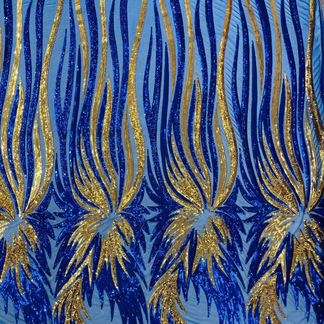 Feather Design Iridescent - ROYAL/GOLD - Luxury Shiny Sequin - 4 Way Stretch Mesh Fabric – Prom & Evening Dress Material By The Yard.