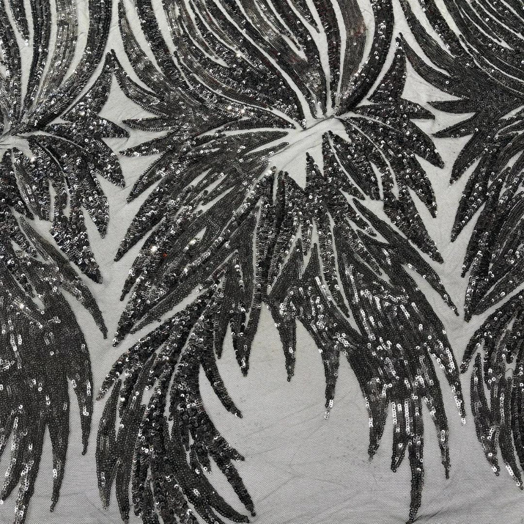 Feather Design Iridescent - BLACK - Luxury Shiny Sequin - 4 Way Stretch Mesh Fabric – Prom & Evening Dress Material By The Yard.