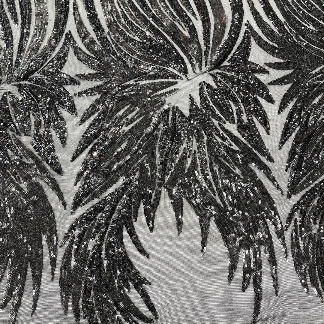 Feather Design Iridescent - BLACK - Luxury Shiny Sequin - 4 Way Stretch Mesh Fabric – Prom & Evening Dress Material By The Yard.