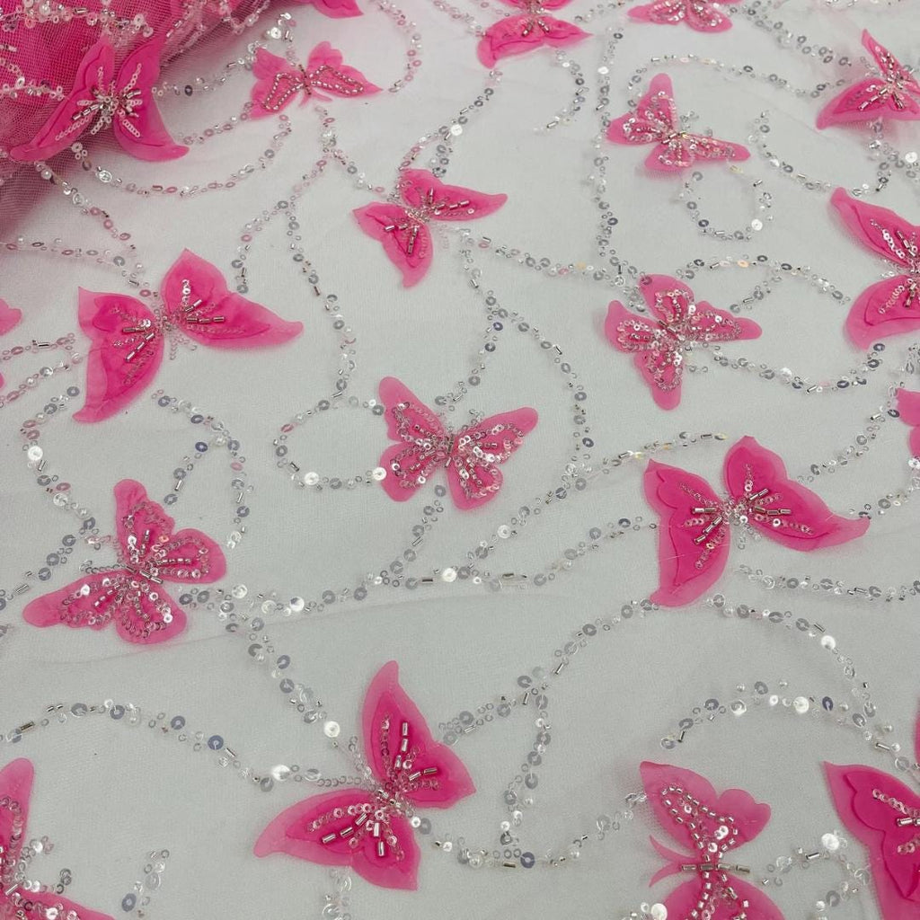 3D Butterfly Lace - CANDY PINK -  3D Butterfly Design Embroider Beaded Fabric For Quinsiañera Dresses - Prom Dress Sold By Yard