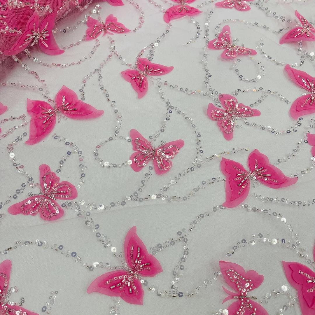 3D Butterfly Lace - CANDY PINK -  3D Butterfly Design Embroider Beaded Fabric For Quinsiañera Dresses - Prom Dress Sold By Yard