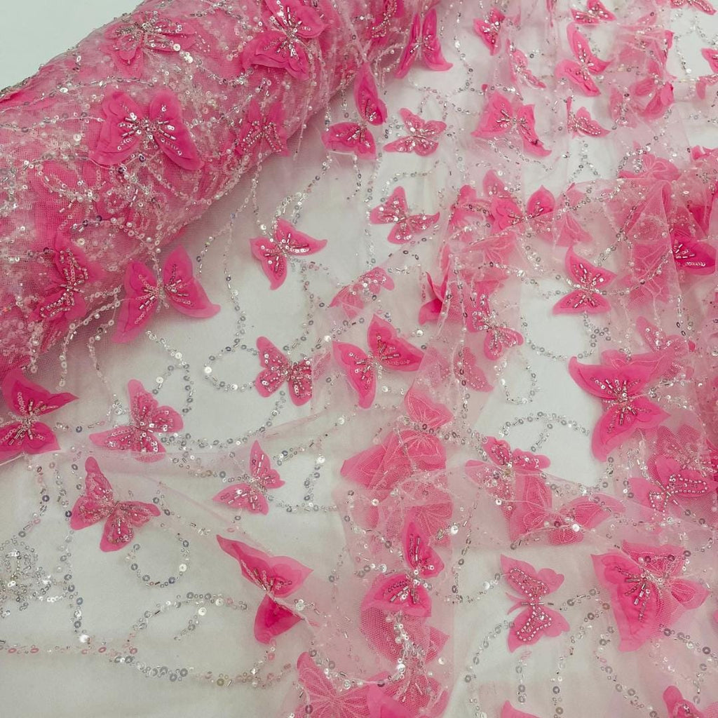3D Butterfly Lace - CANDY PINK -  3D Butterfly Design Embroider Beaded Fabric For Quinsiañera Dresses - Prom Dress Sold By Yard