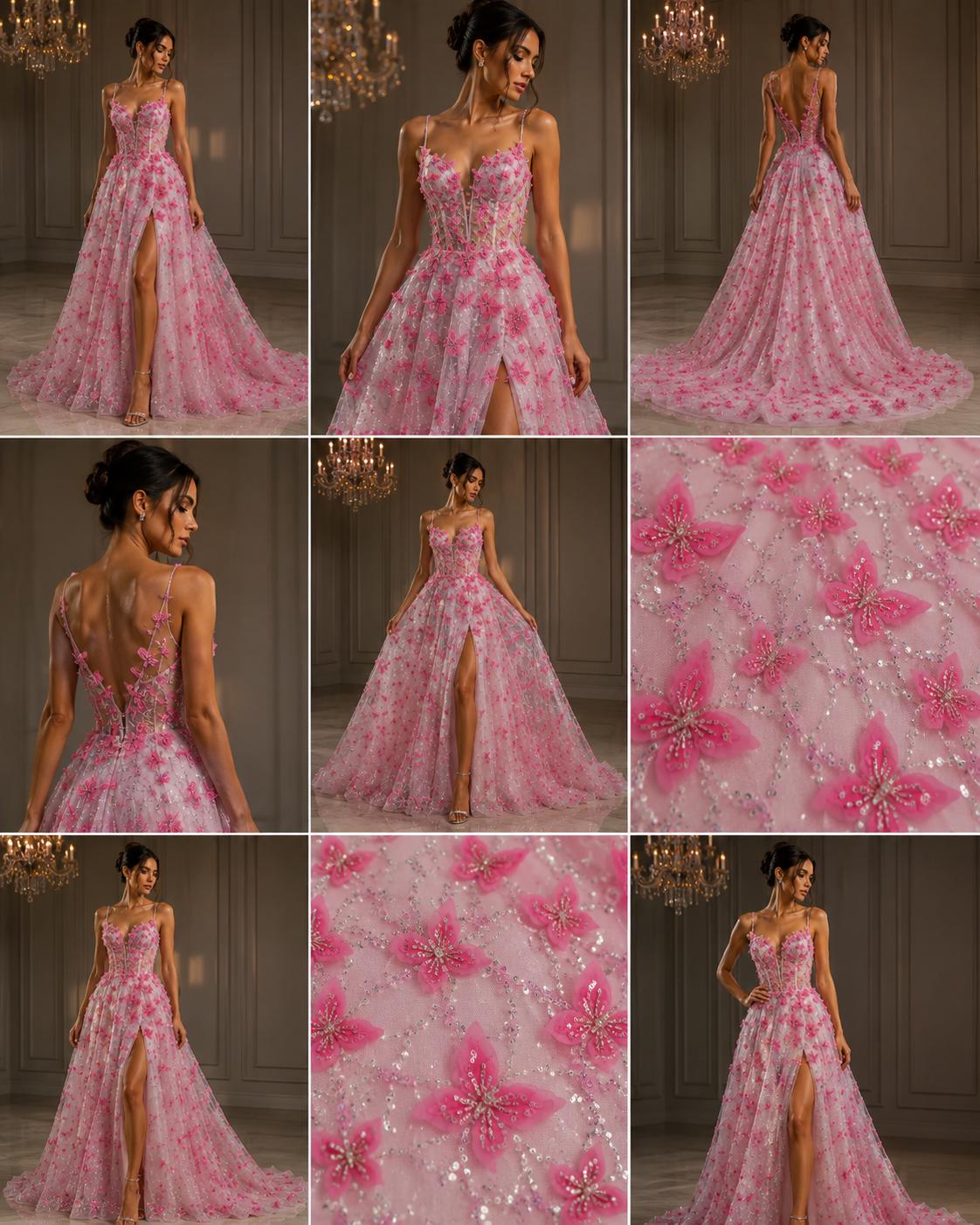 3D Butterfly Lace - CANDY PINK -  3D Butterfly Design Embroider Beaded Fabric For Quinsiañera Dresses - Prom Dress Sold By Yard