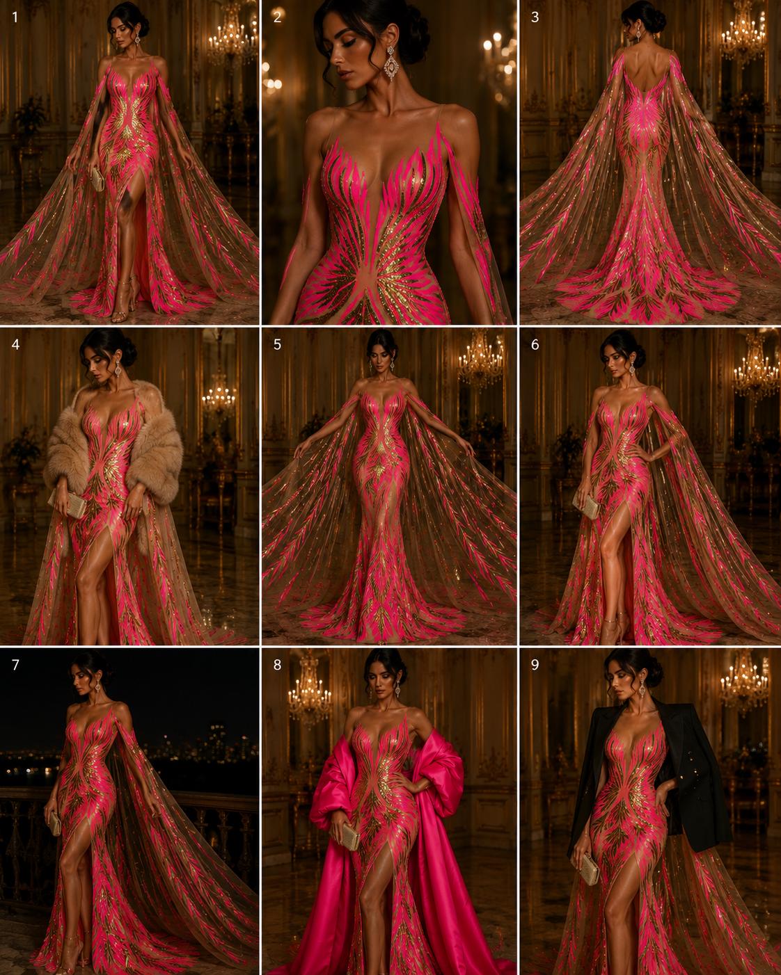 Feather Design Iridescent - HOT PINK/GOLD - Luxury Shiny Sequin - 4 Way Stretch Mesh Fabric – Prom & Evening Dress Material By The Yard.