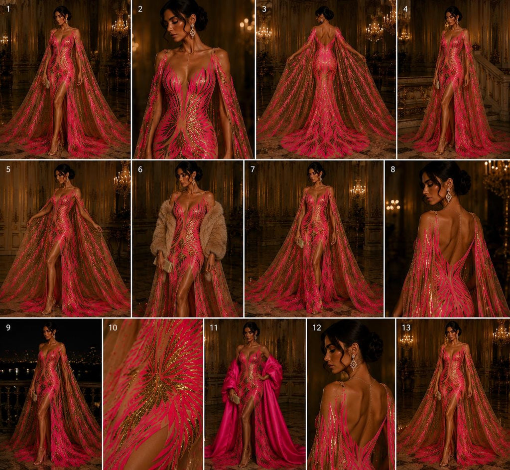Feather Design Iridescent - HOT PINK/GOLD - Luxury Shiny Sequin - 4 Way Stretch Mesh Fabric – Prom & Evening Dress Material By The Yard.