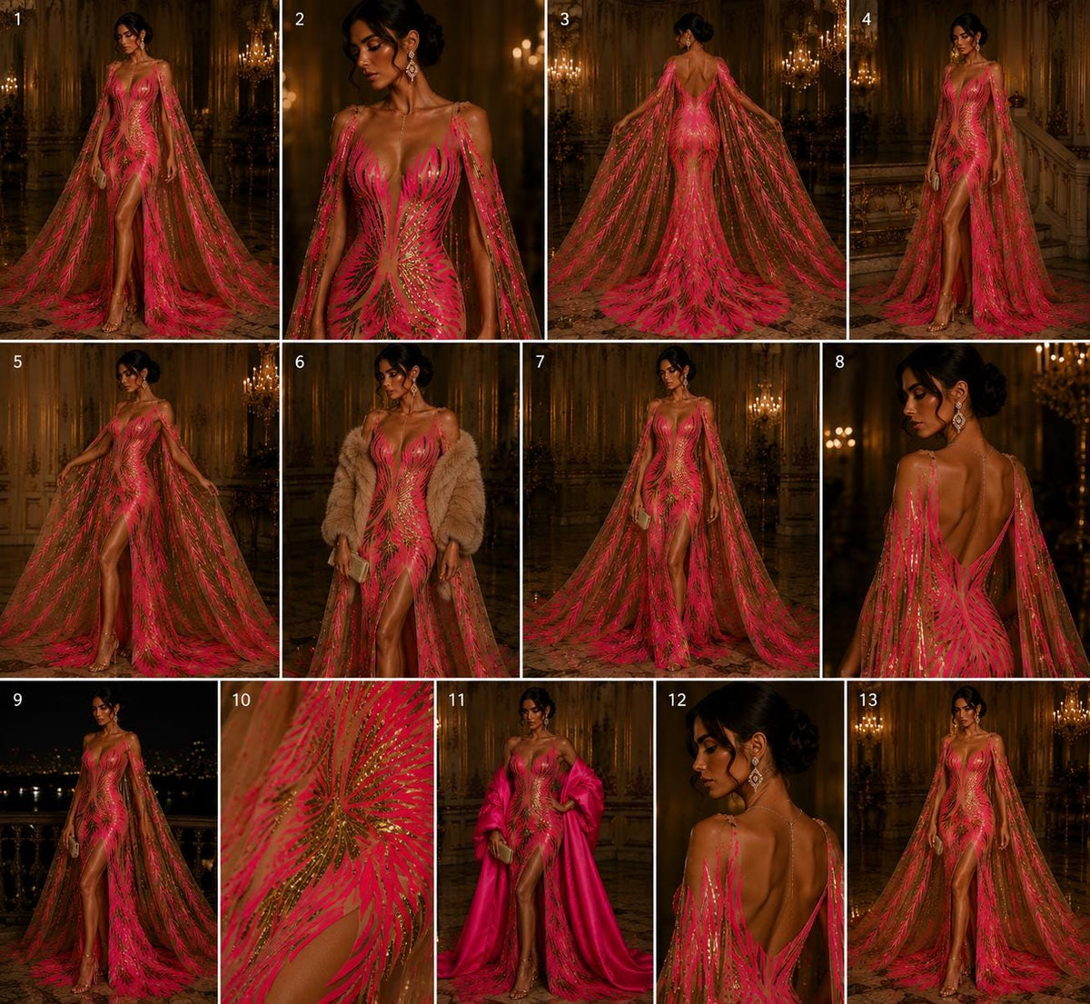 Feather Design Iridescent - HOT PINK/GOLD - Luxury Shiny Sequin - 4 Way Stretch Mesh Fabric – Prom & Evening Dress Material By The Yard.