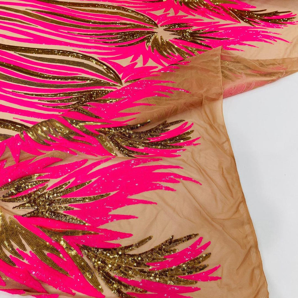 Feather Design Iridescent - HOT PINK/GOLD - Luxury Shiny Sequin - 4 Way Stretch Mesh Fabric – Prom & Evening Dress Material By The Yard.
