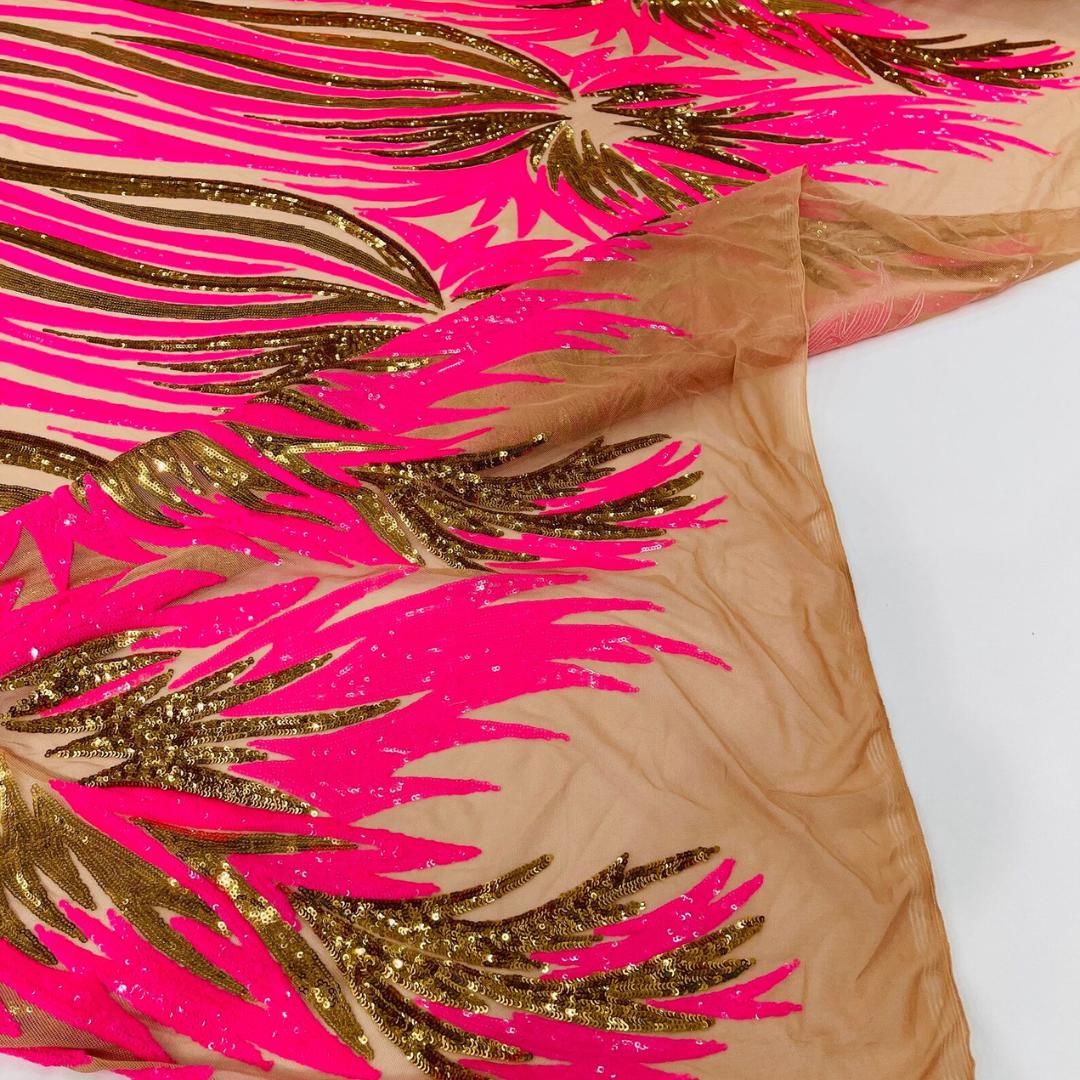 Feather Design Iridescent - HOT PINK/GOLD - Luxury Shiny Sequin - 4 Way Stretch Mesh Fabric – Prom & Evening Dress Material By The Yard.