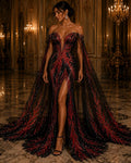Feather Design Iridescent - BLACK/RED - Luxury Shiny Sequin - 4 Way Stretch Mesh Fabric – Prom & Evening Dress Material By The Yard.