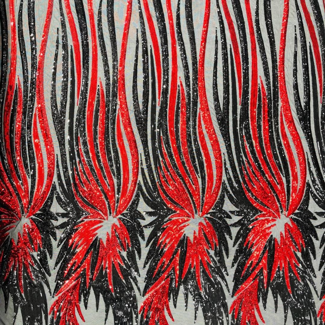 Feather Design Iridescent - BLACK/RED - Luxury Shiny Sequin - 4 Way Stretch Mesh Fabric – Prom & Evening Dress Material By The Yard.