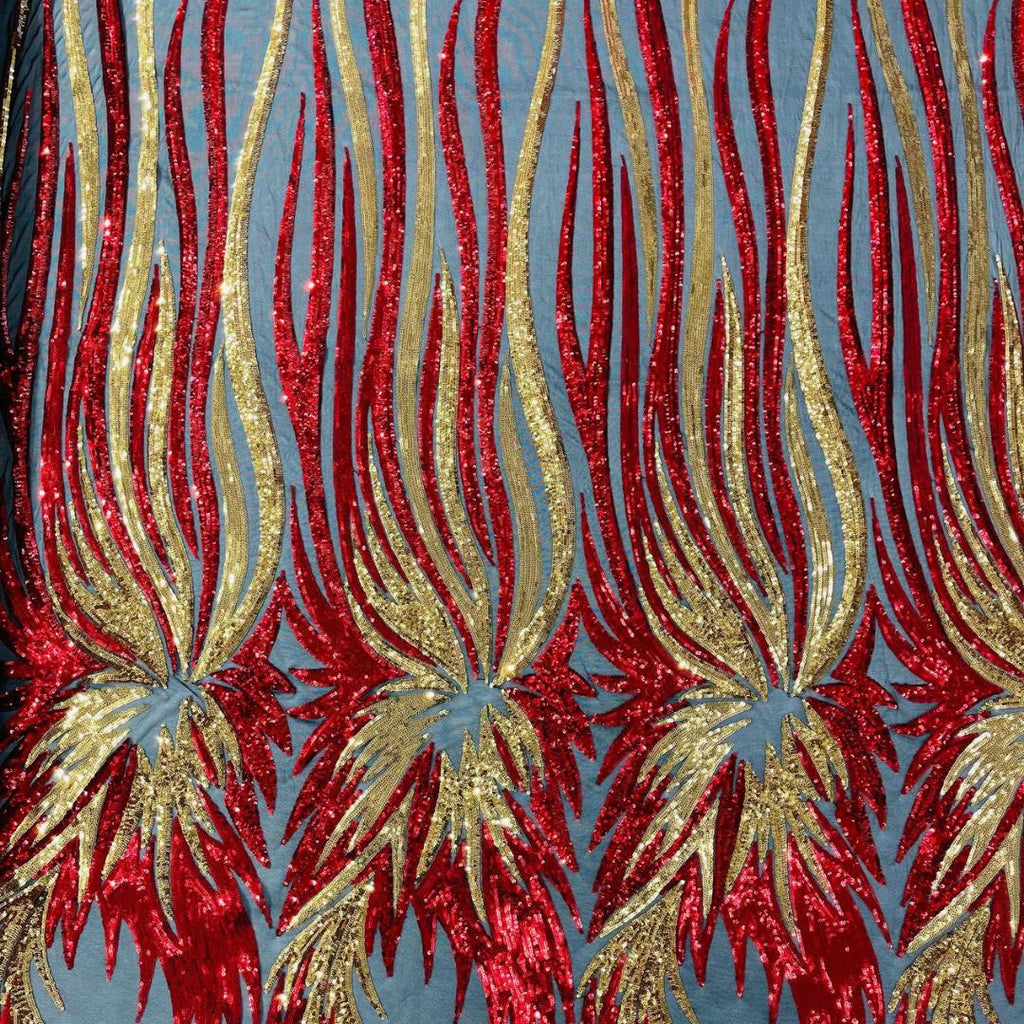 Feather Design Iridescent - RED/GOLD - Luxury Shiny Sequin - 4 Way Stretch Mesh Fabric – Prom & Evening Dress Material By The Yard.