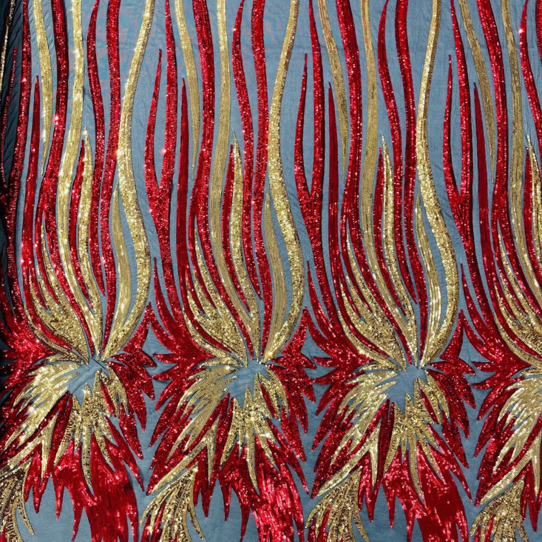 Feather Design Iridescent - RED/GOLD - Luxury Shiny Sequin - 4 Way Stretch Mesh Fabric – Prom & Evening Dress Material By The Yard.