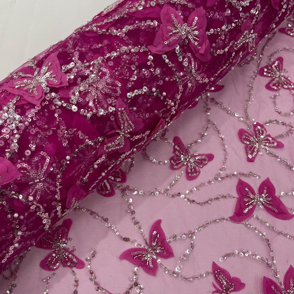 3D Butterfly Lace - FUCHSIA -  3D Butterfly Design Embroider Beaded Fabric For Quinsiañera Dresses - Prom Dress Sold By Yard
