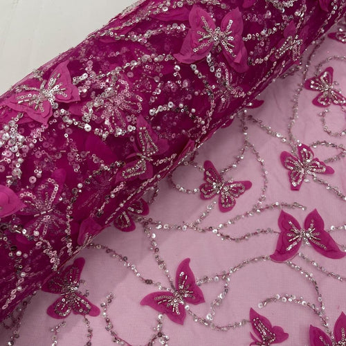 3D Butterfly Lace - FUCHSIA -  3D Butterfly Design Embroider Beaded Fabric For Quinsiañera Dresses - Prom Dress Sold By Yard