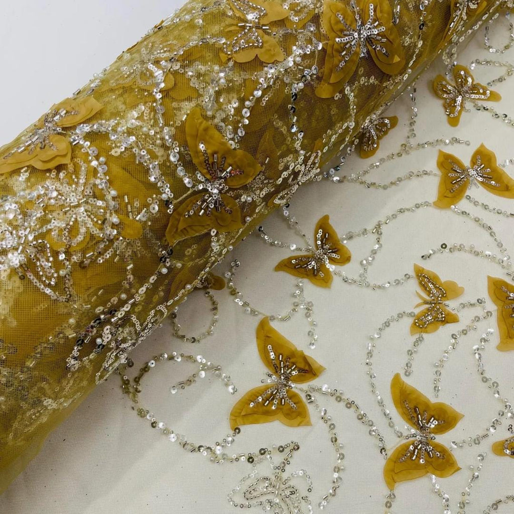 3D Butterfly Lace - GOLD -  3D Butterfly Design Embroider Beaded Fabric For Quinsiañera Dresses - Prom Dress Sold By Yard