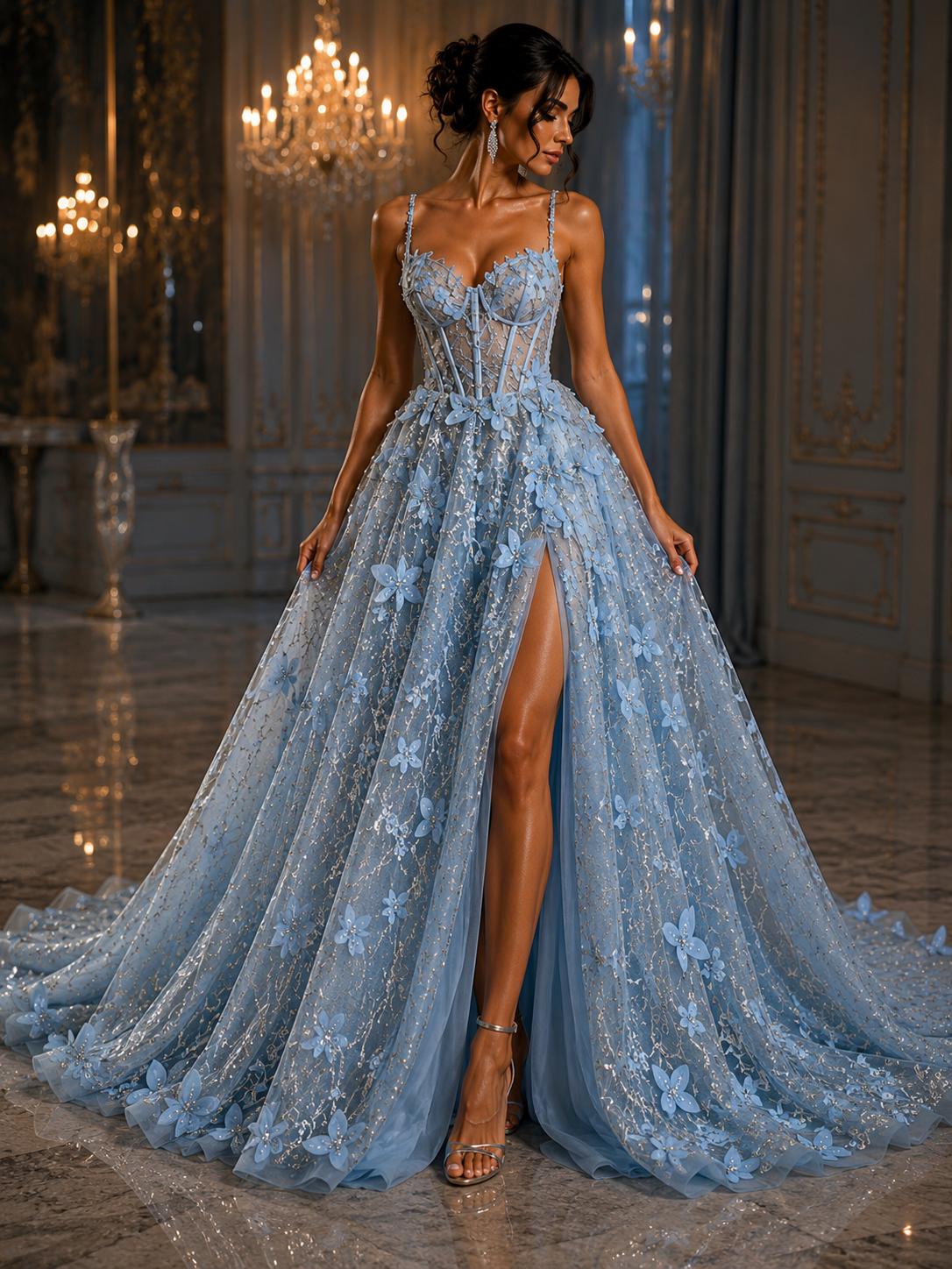 3D Butterfly Lace - LT BLUE -  3D Butterfly Design Embroider Beaded Fabric For Quinsiañera Dresses - Prom Dress Sold By Yard