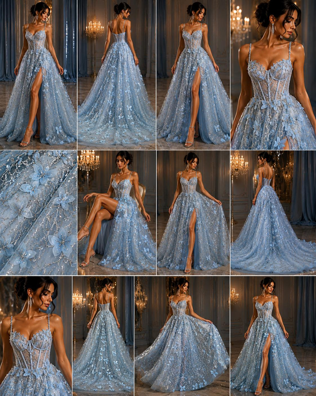 3D Butterfly Lace - LT BLUE -  3D Butterfly Design Embroider Beaded Fabric For Quinsiañera Dresses - Prom Dress Sold By Yard