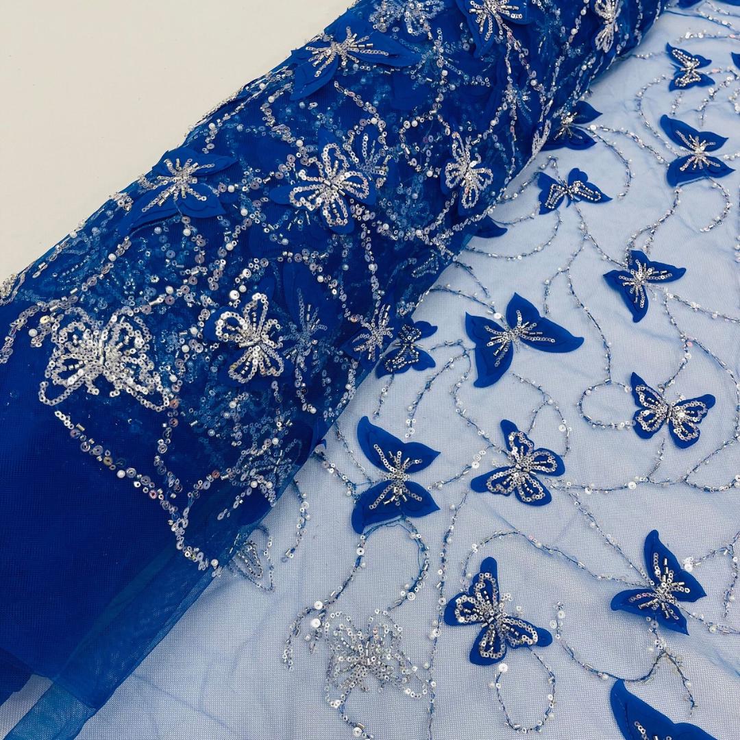3D Butterfly Lace - ROYAL BLUE -  3D Butterfly Design Embroider Beaded Fabric For Quinsiañera Dresses - Prom Dress Sold By Yard