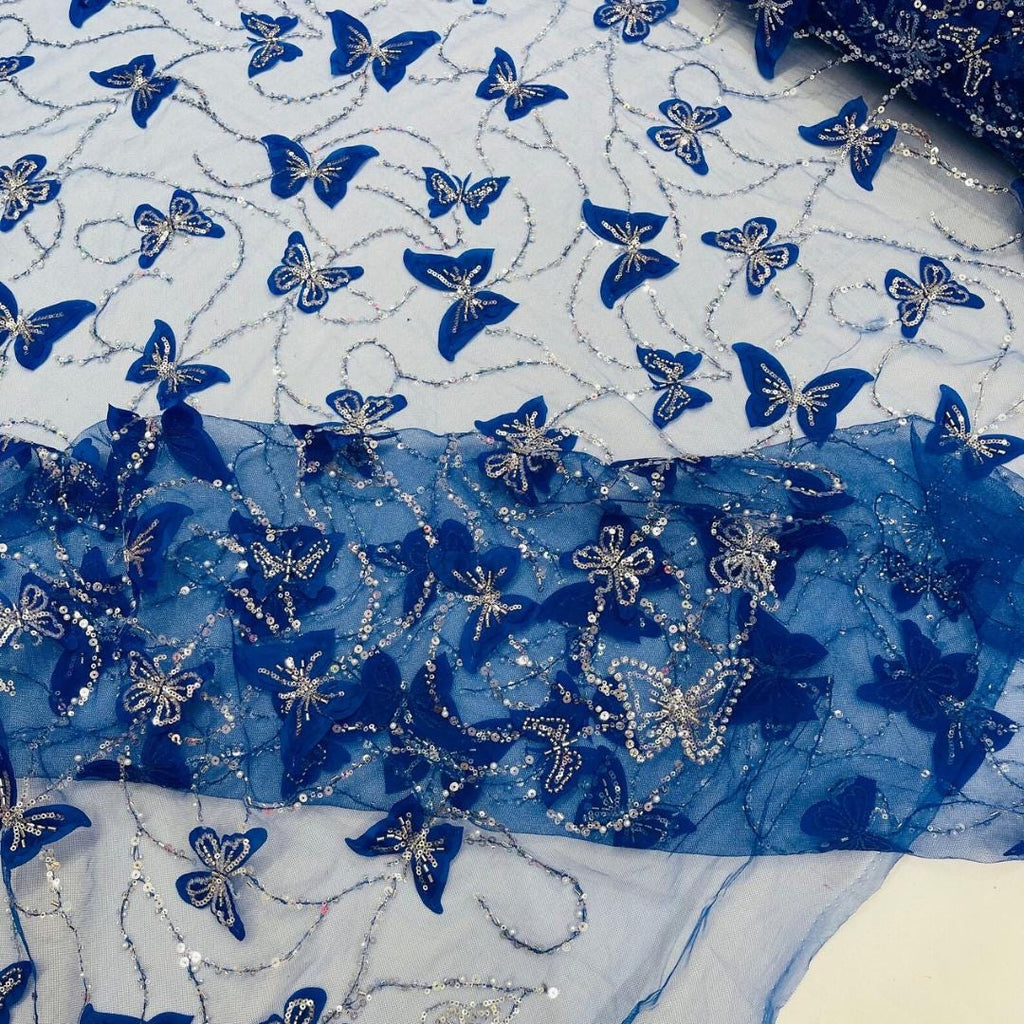 3D Butterfly Lace - ROYAL BLUE -  3D Butterfly Design Embroider Beaded Fabric For Quinsiañera Dresses - Prom Dress Sold By Yard