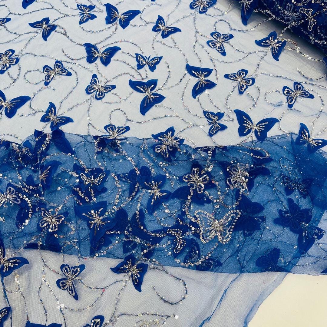 3D Butterfly Lace - ROYAL BLUE -  3D Butterfly Design Embroider Beaded Fabric For Quinsiañera Dresses - Prom Dress Sold By Yard