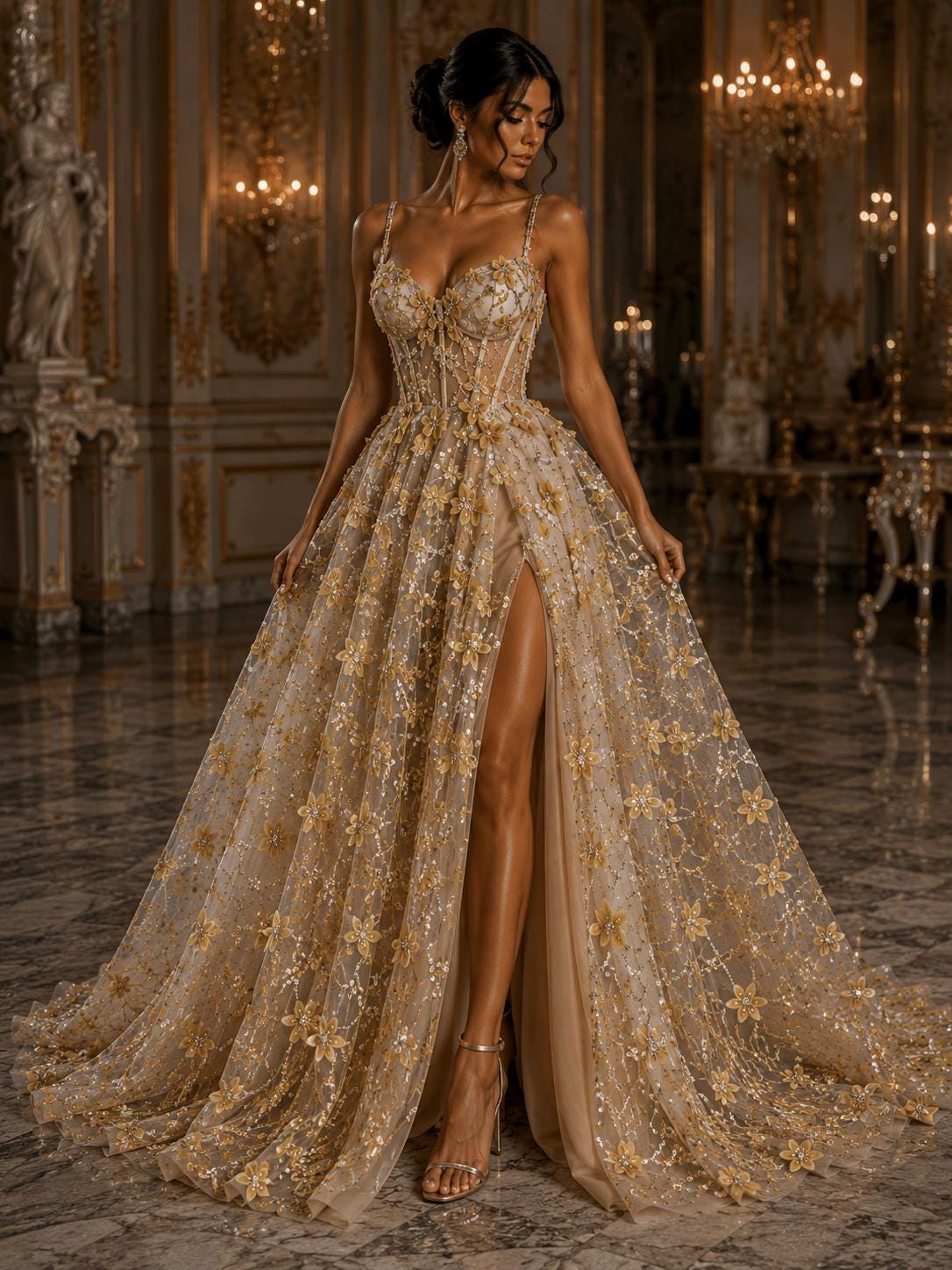 3D Butterfly Lace - CHAMPAGNE -  3D Butterfly Design Embroider Beaded Fabric For Quinsiañera Dresses - Prom Dress Sold By Yard