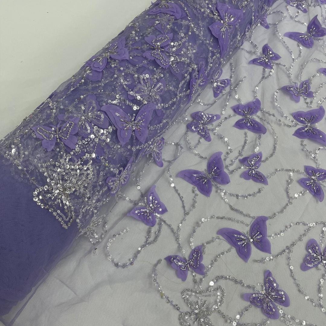 3D Butterfly Lace - LILAC -  3D Butterfly Design Embroider Beaded Fabric For Quinsiañera Dresses - Prom Dress Sold By Yard