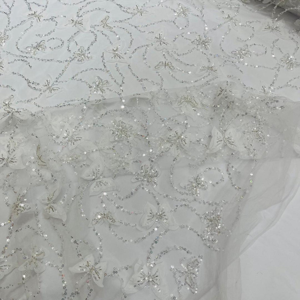 3D Butterfly Lace - WHITE -  3D Butterfly Design Embroider Beaded Fabric For Quinsiañera Dresses - Prom Dress Sold By Yard