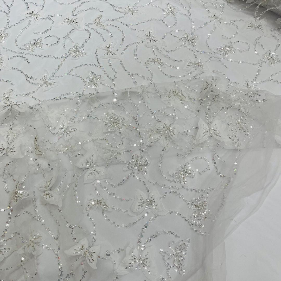 3D Butterfly Lace - WHITE -  3D Butterfly Design Embroider Beaded Fabric For Quinsiañera Dresses - Prom Dress Sold By Yard